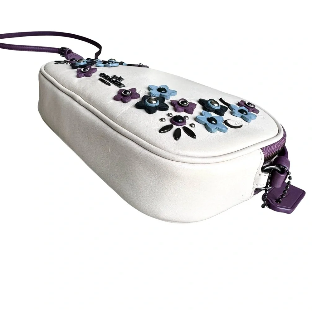 Coach Floral Appliqué Crossbody Bag Off White Purple Leather